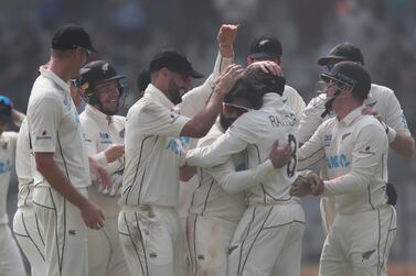 New Zealand's Ajaz Patel celebrates the dismissal of India's Mohammed Siraj during the day two of their second test cricket match with India in Mumbai, India, Saturday, Dec.  4, 2021. (AP Photo / Rafiq Maqbool)