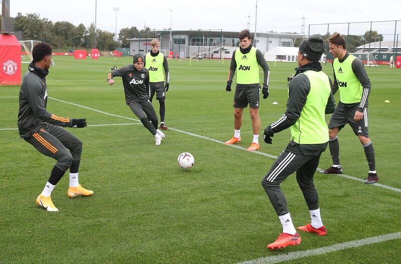 MANCHESTER, ENGLAND - OCTOBER 02: (EXCLUSIVE COVERAGE)  Marcus Rashford, Victor Lindelof, Brandon Williams, Harry Maguire, Jesse Lingard, Nemanja Matic of Manchester United in action during a first team training session at Aon Training Complex on October 02, 2020 in Manchester, England. (Photo by Matthew Peters/Manchester United via Getty Images)