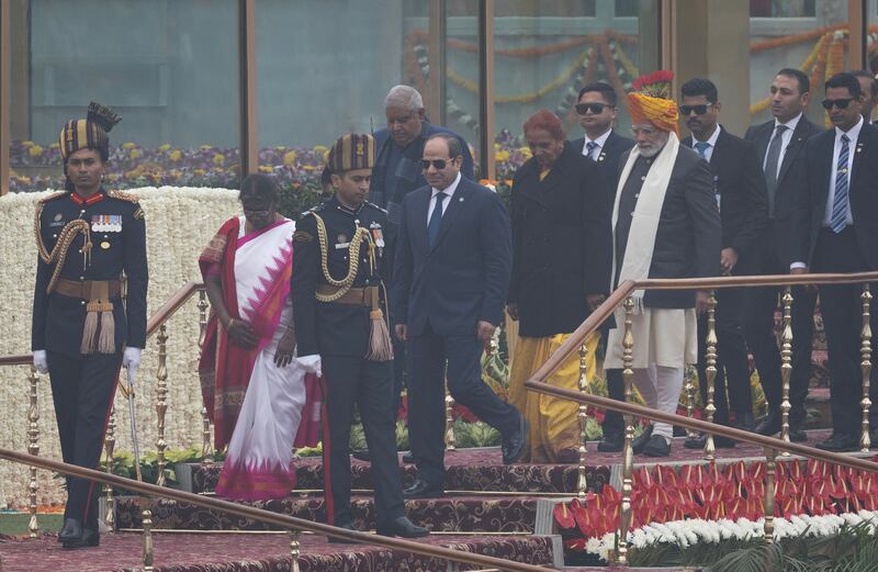 Indian President Droupadi Murmu, Egyptian President Abdel Fattah El Sisi and Indian Prime Minister Narendra Modi watched the parade. Reuters