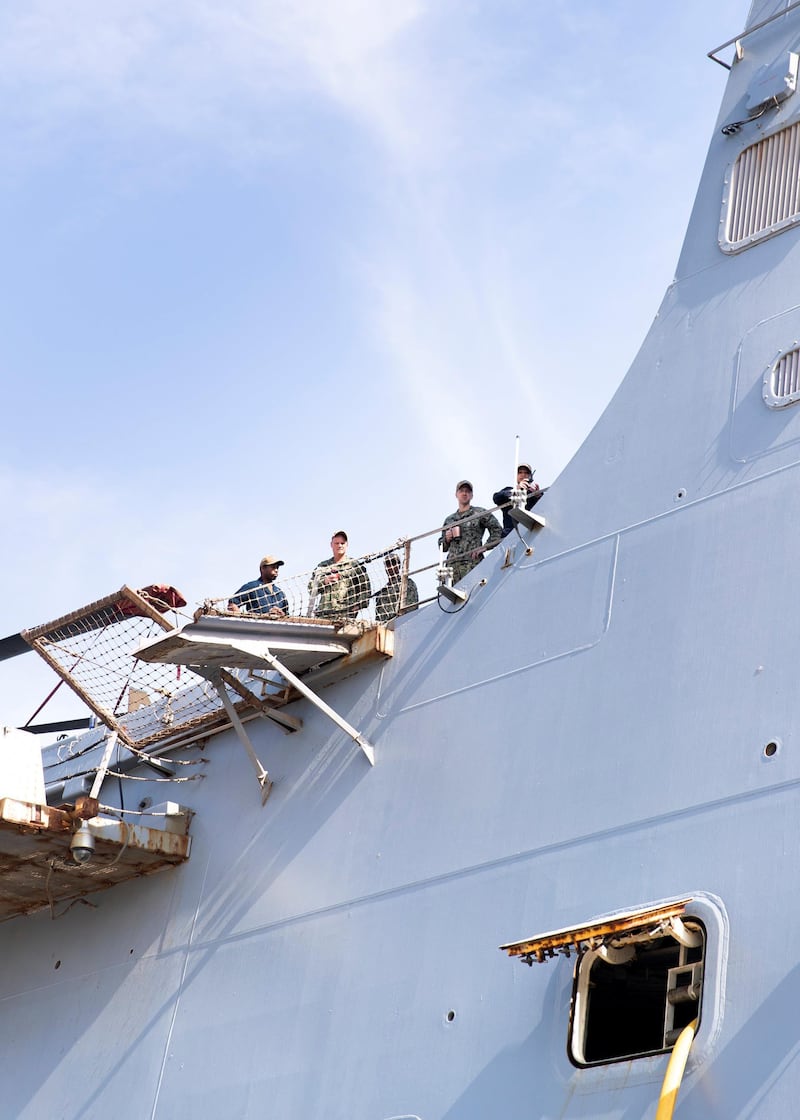 ABU DHABI, UNITED ARAB EMIRATES. 20 FEBRUARY 2020. 
Transport dock ship USS New York (LPD 21) in Mina Zayed Port.

The ship’s bow stem includes seven and a half tons of steel recovered from the World Trade Center's twin towers.

1,200 Louisiana workers stayed to keep building the ship after Hurricane Katrina hit the shipyard in August 2005.

Ship’s motto is: "Strength forged through sacrifice. Never forget."

(Photo: Reem Mohammed/The National)

Reporter:
Section: