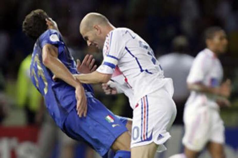 France's Zinedine Zidane delivers a painful headbutt to the chest of Italy defender Marco Materazzi during the 2006 World Cup final in Berlin, Germany. It was the Frenchman's last act in football as he was subsequently sent off.
