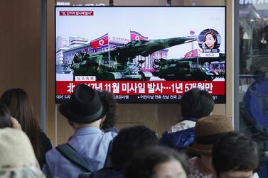 Television footage shows a display of North Korean missiles during a military parade in Pyongyang AP 