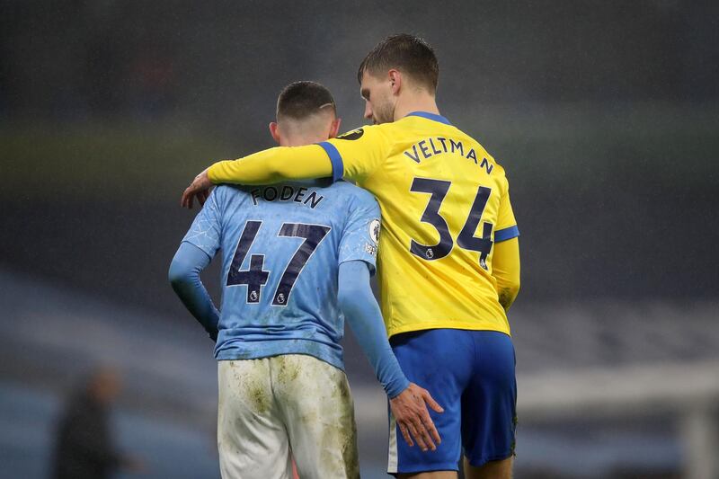 Joel Veltman 6 – Solid performance though was sometimes guilty of switching off. Was also lucky not to receive a second yellow when he brought down De Bruyne. AFP