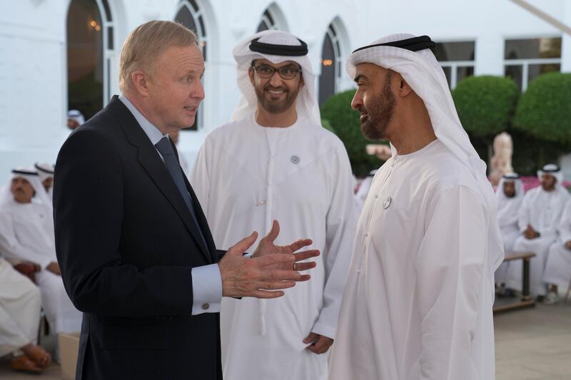 ABU DHABI, UNITED ARAB EMIRATES - November 12, 2018: HH Sheikh Mohamed bin Zayed Al Nahyan Crown Prince of Abu Dhabi Deputy Supreme Commander of the UAE Armed Forces (R), receives executives from top international and regional oil and gas companies, during a Sea Palace barza. Seen with HE Dr Sultan Ahmed Al Jaber, UAE Minister of State, Chairman of Masdar and CEO of ADNOC Group (C).
( Hamad Al Kaabi / Ministry of Presidential Affairs )?
---