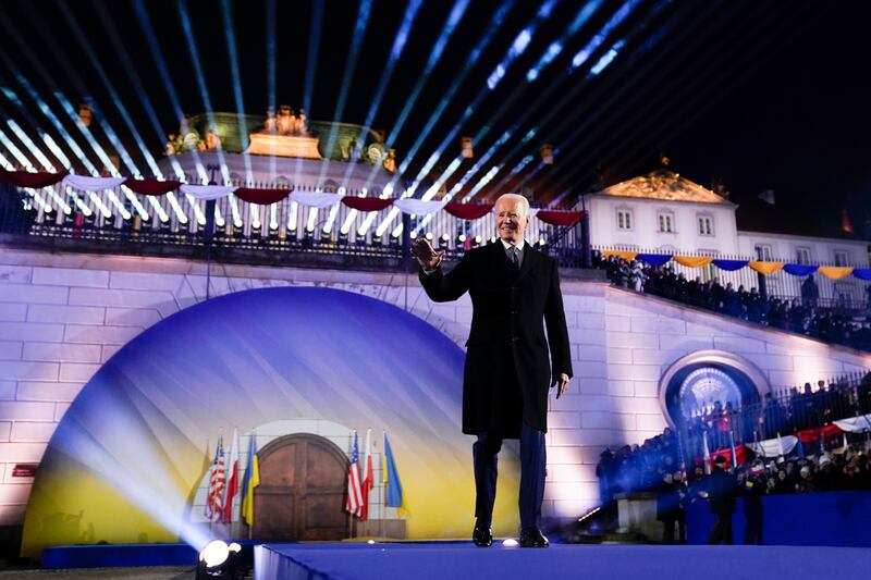 US President Joe Biden arrives at the Royal Castle Gardens in Warsaw to deliver a speech marking the one-year anniversary of the Russian invasion of Ukraine. AP