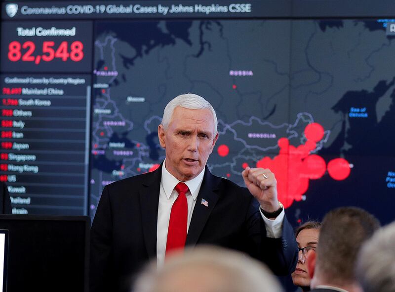 FILE PHOTO: U.S. Vice President Mike Pence speaks during a tour of the "secretary's operation center" following   a coronavirus task force meeting at the Department of Health and Human Services (HHS) in Washington, U.S., February 27, 2020. REUTERS/Carlos Barria/File Photo