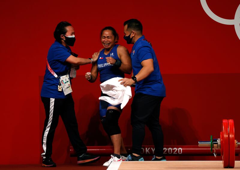 Hidilyn Diaz during her women's 55kg weightlifting event at the Tokyo 2020 Olympic Games.