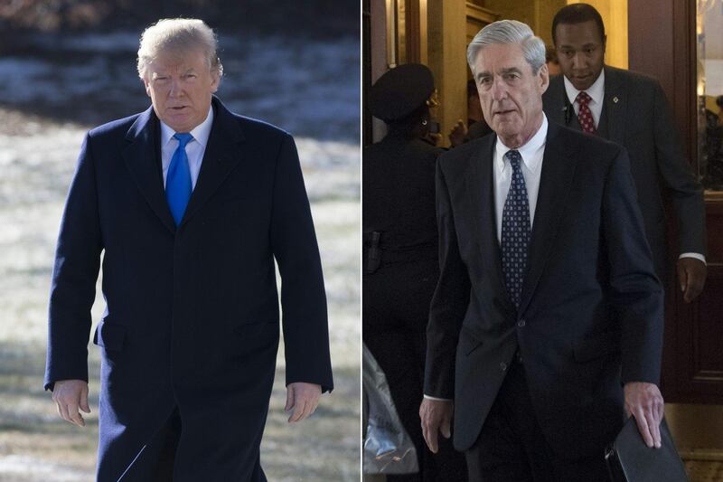 (COMBO) This combination of pictures created on January 24, 2018 shows US President Donald Trump on the South Lawn of the White House in Washington, DC, January 5, 2018; and former FBI Director Robert Mueller, special counsel on the Russian investigation, at the US Capitol in Washington, DC on June 21, 2017.
 According to March 22, 2019 US media reports, independent prosecutor Robert Mueller has submitted his final report on the investigation into possible collusion with Russia in the 2016 election. 
 - 
 / AFP / SAUL LOEB
