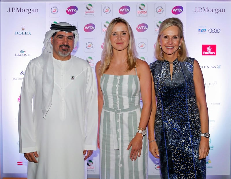 Salah Tahlak, Elina Svitolina and Micky Lawler, WTA President. Courtesy Dubai Duty Free Tennis Championships 