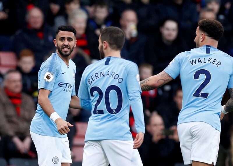Manchester City's Riyad Mahrez celebrates scoring their only goal with teammates. Action Images via Reuters