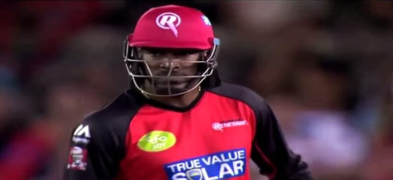 In this YouTube screenshot, Chris Gayle continues his march to a 12-ball 50 in the Big Bash League. 