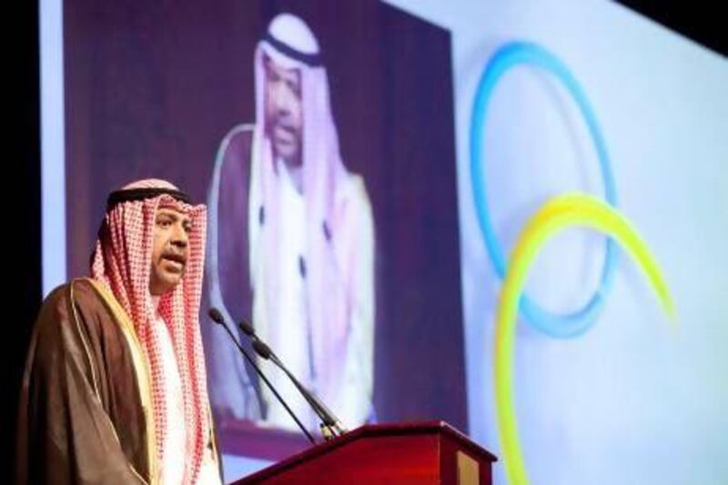 Ahmed bin Fahad Al Subah, President of the Kuwait Olympic Committee speaking at the ceremony to honor Sheikha Fatima bint Mubarak. Courtesy Wam