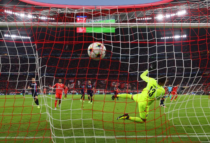 Bayern Munich's Leroy Sane scores the first goal in the 5-0 Champions League win against Viktoria Plzen at Allianz Arena on October 4, 2022. Getty