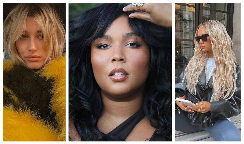 From left: curtain bangs, worn by Hailey Bieber, Lizzo's modern Farrah Fawcett, and beachy waves, a la British reality star Molly-Mae Hague, are all big hair trends for the summer. Instagram