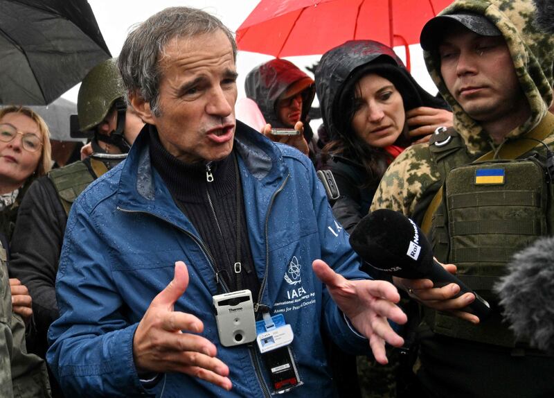 International Atomic Energy Agency Director General Rafael Mariano Grossi talks to journalists outside Chernobyl Nuclear Power Plant on April 26. AFP