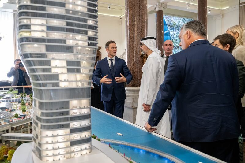 Sheikh Khaled bin Mohamed, Crown Prince of Abu Dhabi, Mr Vucic and Mr Orban are briefed on the Belgrade Waterfront project