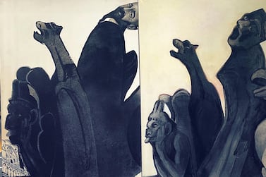 + Khaled TAKRETI, Notre-Dame, 2019. Acrylique sur toile, diptyque, 130 x 194 cm.