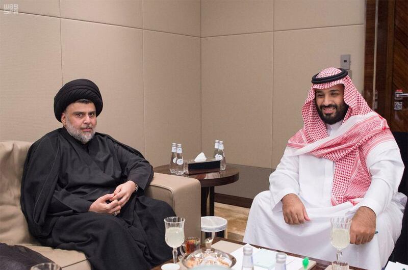 In this Sunday, July 30, 2017 photo released by Saudi Press Agency, SPA, Shiite cleric Muqtada al-Sadr, left, meets with Saudi Crown Prince Mohammed bin Salman in Jiddah, Saudi Arabia. (Saudi Press Agency via AP)
