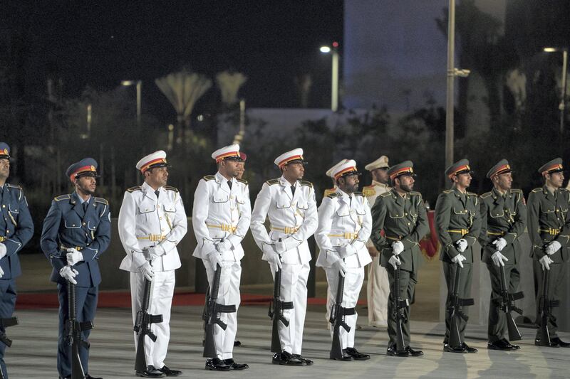 SAADIYAT ISLAND, ABU DHABI, UNITED ARAB EMIRATES - November 08, 2017: Members of the UAE Armed Forces participate in the opening ceremony of the Louvre Abu Dhabi.
( Mohamed Al Hammadi / Crown Prince Court - Abu Dhabi )
---