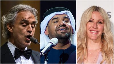 Andrea Bocelli, Hussain Al Jassmi and Ellie Goulding will all be in attendance for the opening ceremony of Expo 2020 Dubai. EPA / Bravo / AP 