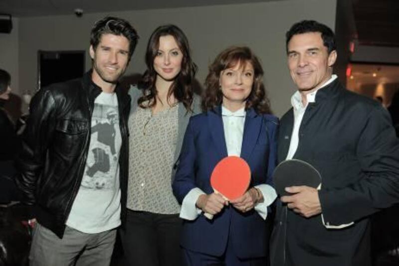 From left, Kyle Martino, Eva Amurri, Susan Sarandon and André Balazs  attend the opening of SPiN ping pong club at The Standard Hotel on Tuesday, Dec. 11, 2012, in Los Angeles. (Photo by Jordan Strauss/Invision/AP)