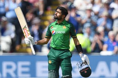 Pakistan's Babar Azam celebrates reaching his century during the third one day international (ODI) cricket match between England and Pakistan at Edgbaston cricket ground in Birmingham on July 13, 2021.  (Photo by DANIEL LEAL-OLIVAS / AFP) / RESTRICTED TO EDITORIAL USE.  NO ASSOCIATION WITH DIRECT COMPETITOR OF SPONSOR, PARTNER, OR SUPPLIER OF THE ECB