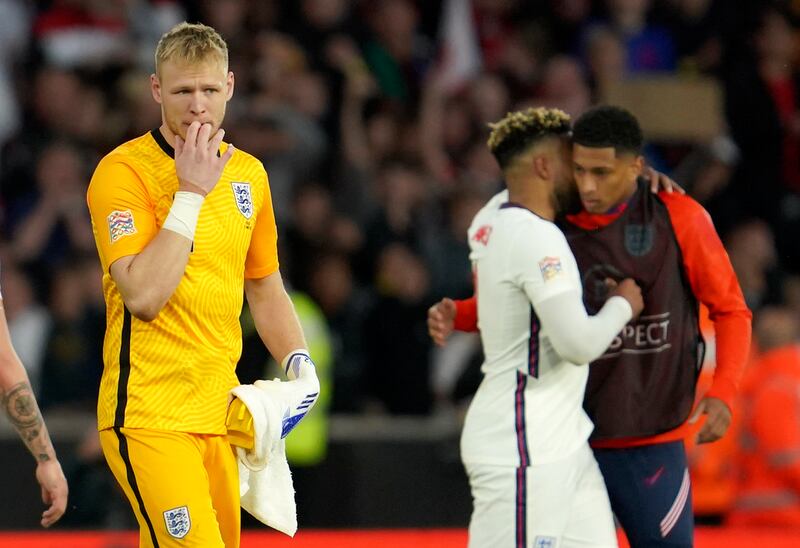 England goalkeeper Aaron Ramsdale leaves the pitch after the Nations League draw with Italy at Molineux Stadium in Wolverhampton. AP