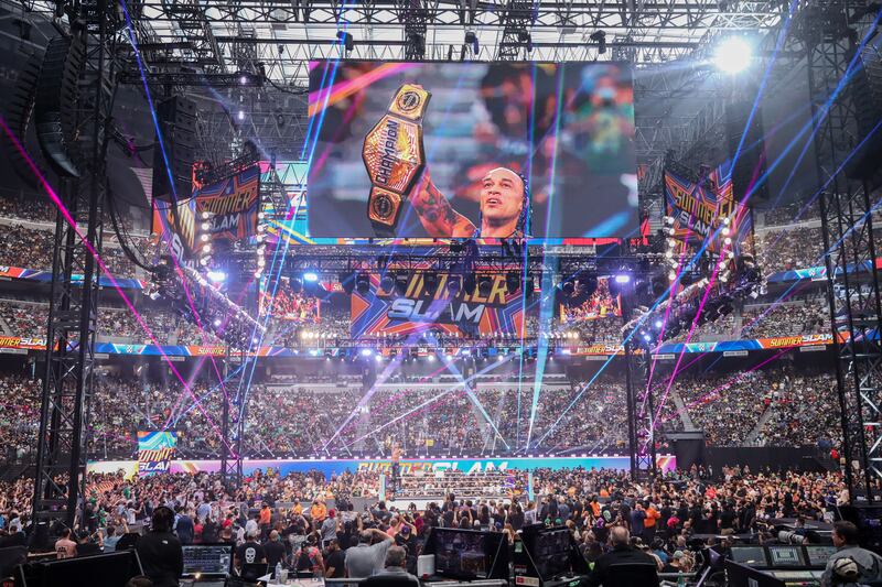 Damian Priest lifts the US championship trophy after defeating Sheamus at SummerSlam. Photo: WWE