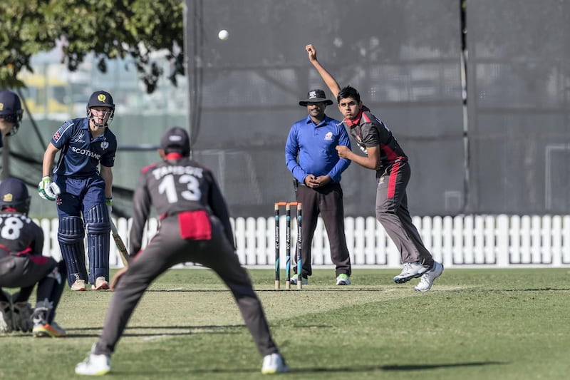 ABU DHABI, UNITED ARAB EMIRATES. 07 JANUARY 2020. STOCK PHOTOGRAPHY. The U19 UAE Cricket Team playes against Scotland at the ICC Academy in Sports City. Player Aryan Lakra. (Photo: Antonie Robertson/The National) Journalist: Paul Radley. Section: Sport.

