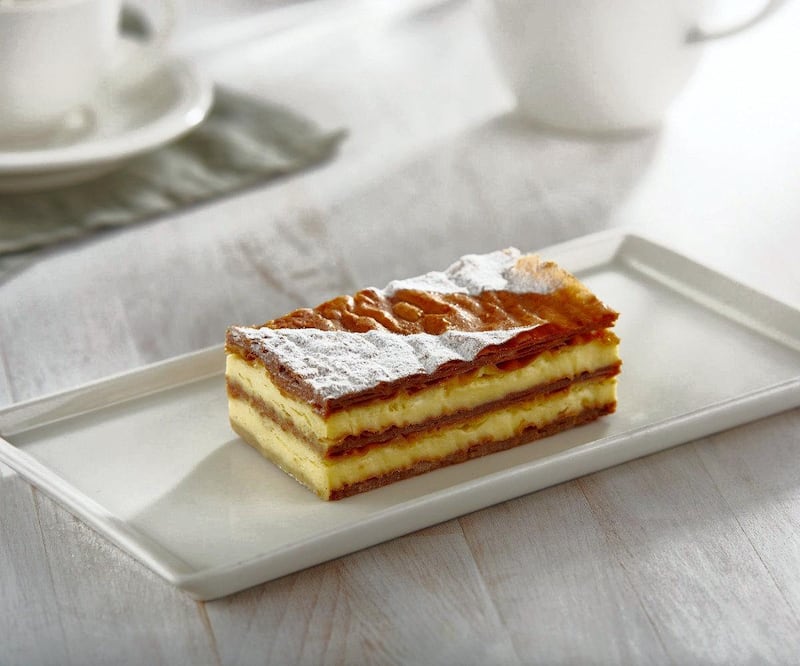 Dhibs millefeuille at Cafe Bateel layers ajwa, kholas or wannan date syrup between French pastry sheets.