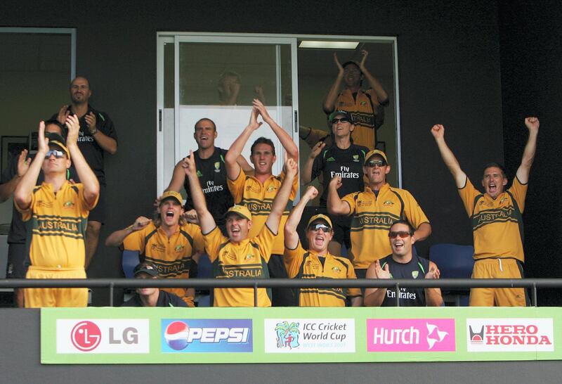 GROS ISLET, SAINT LUCIA - APRIL 25: The Australian team celebrate victory during the ICC Cricket World Cup Semi Final match between Australia and South Africa at the Beausejour Cricket Ground on April 25, 2007 in Gros Islet, Saint Lucia.  (Photo by Hamish Blair/Getty Images)