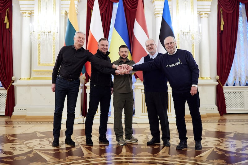 From left to right;  Lithuanian President Gitanas Nauseda, Polish President Andrzej Duda, Ukrainian President Volodymyr Zelenskyy, Latvian President Egils Levits and Estonian President Alar Karis pose for a picture before a meeting in Kyiv.  Reuters