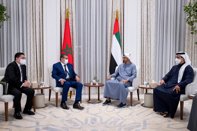 Sheikh Mohamed bin Zayed, Crown Prince of Abu Dhabi and Deputy Supreme Commander of the Armed Forces (2nd R), meets with Aziz Akhannouch, Prime Minister of Morocco, at Al Shati Palace. Seen with Sheikh Mansour bin Zayed, Deputy Prime Minister and Minister of Presidential Affairs (R).