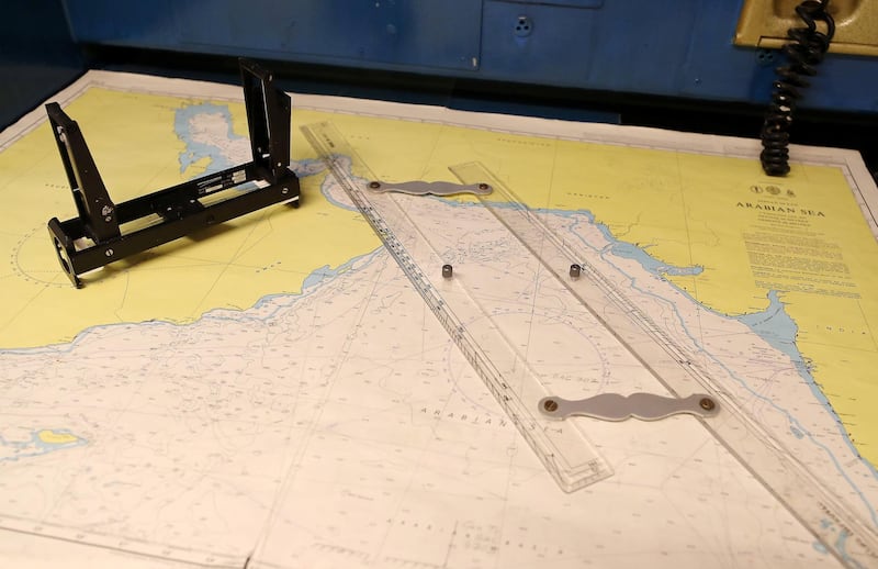 DUBAI, UNITED ARAB EMIRATES , Feb 20  – 2020 :- Maps at the chart room at the QE 2 in Dubai. QE2 recently launched Bridge tour for the public. (Pawan  Singh / The National) For Lifestyle. Story by Janice Rodrigues