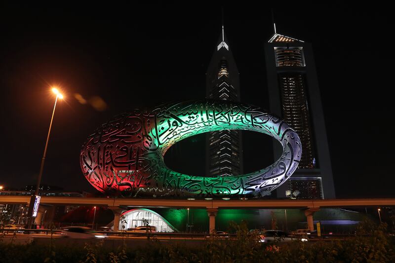 Dubai's Museum of the Future decorated for the UAE’s 50th National Day celebrations. Pawan Singh / The National