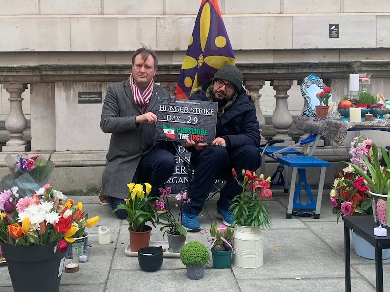 Richard Ratcliffe, whose wife Nazanin was held for years in an Iranian jail on trumped-up charges, visits Mr Beheshti outside the Foreign Office in London. Laura O'Callaghan / The National