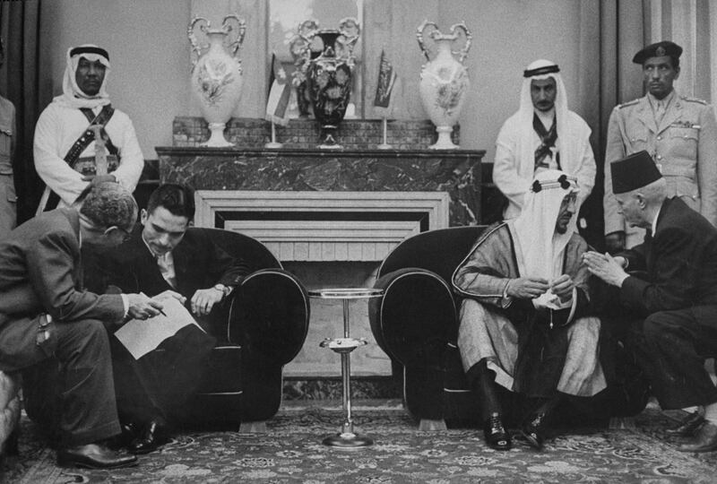 (L-R) Deputy Prime Minister Samir Rifai, King of Jordan Hussein Ibn Talal, King of Saudi Arabia Saud IBN Abdul Aziz, and Prime Minister Ibrahim Hashim.  (Photo by James Whitmore/The LIFE Picture Collection/Getty Images)