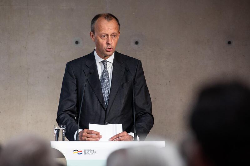 epa07642914 Chairman of private non-profit association Atlantik-Bruecke e.V. (Atlantic Bridge e.V.) Friedrich Merz speaks at the 2019 German-American conference in Berlin, Germany, 12 June 2019. The event organized by the Atlantic-Brueke and the American Council on Germany gather under the theme 'Strengthening Transatlantic Resilience in Turbulent Times'. The conference focuses on cyber security, democracy and China relations.  EPA/OMER MESSINGER