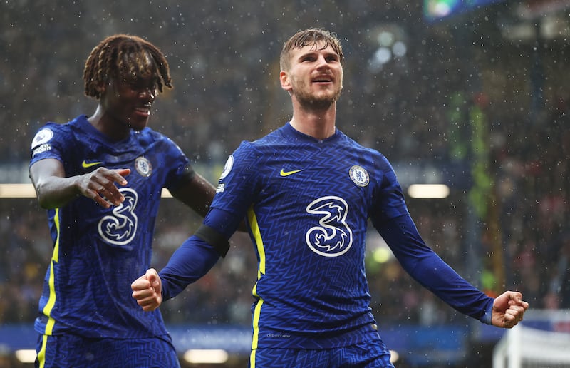 Chelsea's Timo Werner celebrates with Trevoh Chalobah of Chelsea a goal that is later disallowed by VAR. Getty