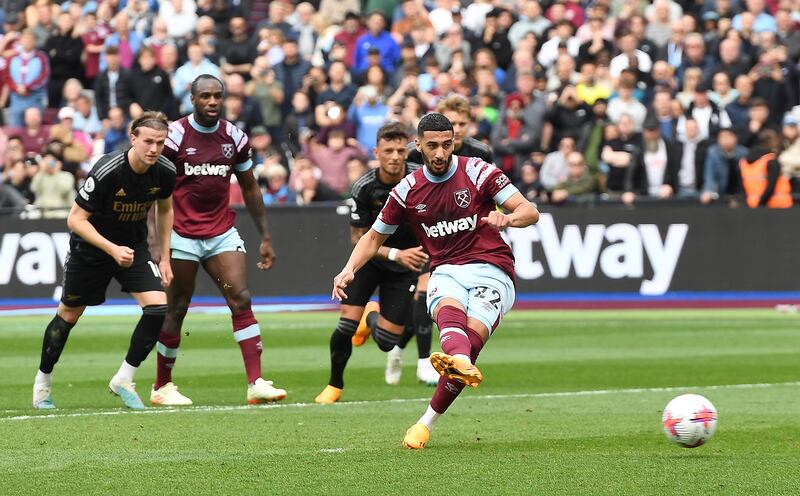 West Ham United's Said Benrahma scores from the penalty spot. EPA