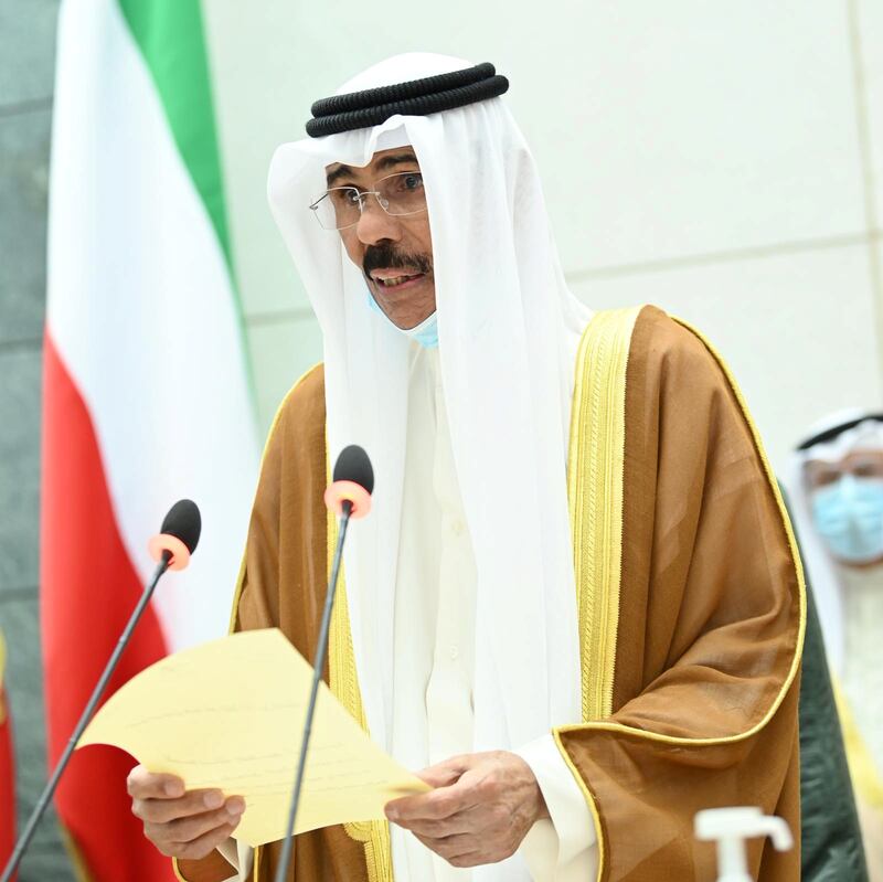 Kuwait's new Emir Nawaf al-Ahmad al-Sabah takes the oath of office at the parliament, in Kuwait City, Kuwait September 30, 2020. Kuwait News Agency/Handout via REUTERS ATTENTION EDITORS - THIS IMAGE WAS PROVIDED BY A THIRD PARTY. NO RESALES. NO ARCHIVES.