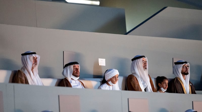 From right, Sheikh Zayed bin Hamdan bin Zayed, Sheikha Salama bint Khaled bin Mohamed bin Zayed, Sheikh Khaled bin Mohamed bin Zayed, member of Abu Dhabi Executive Council and chairman of Abu Dhabi Executive Office, Sheikh Mohamed bin Khaled bin Mohamed bin Zayed, Sheikh Suroor bin Mohamed and Sheikh Nahyan bin Mubarak, UAE Minister of State for Tolerance.
