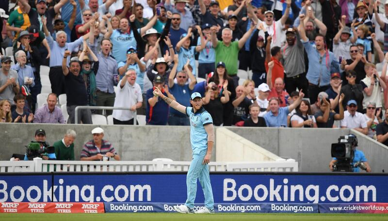 LONDON, ENGLAND - MAY 30: Ben Stokes of England celebrates taking the catch of Andile Phehlukwayo of South Africa during the Group Stage match of the ICC Cricket World Cup 2019 between England and South Africa at The Oval on May 30, 2019 in London, England. (Photo by Alex Davidson/Getty Images)