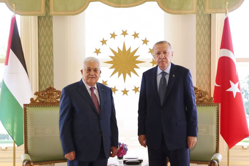 Turkish President Recep Tayyip Erdogan, right, and Palestinian President Mahmoud Abbas in Istanbul last year. AFP