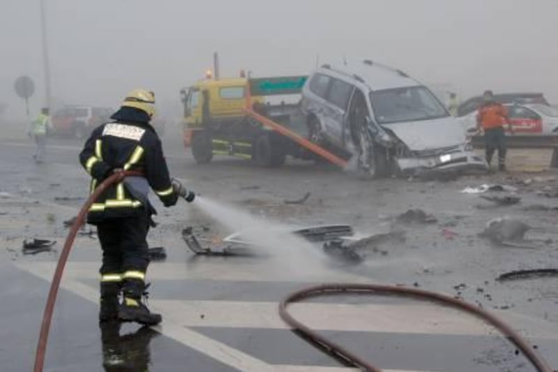 A fire fighter clean-up after an 18 car pile up due to heavy fog on the Tarrif abu dhabi road.

Courtesy Abu Dhabi Police

PICTURE HAS BEEN DOCTORED!!!!!