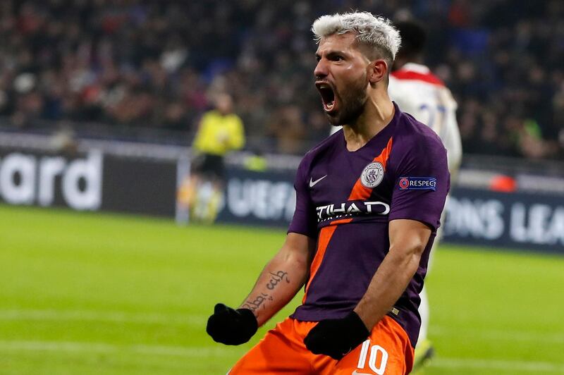 epa07193888 Sergio Aguero of Manchester City celebrates scoring  during the UEFA Champions League Group F soccer match between Olympique Lyon and Mancherster City, in Decines-Charpieu near Lyon, France, 27 November 2018.  EPA/GUILLAUME HORCAJUELO