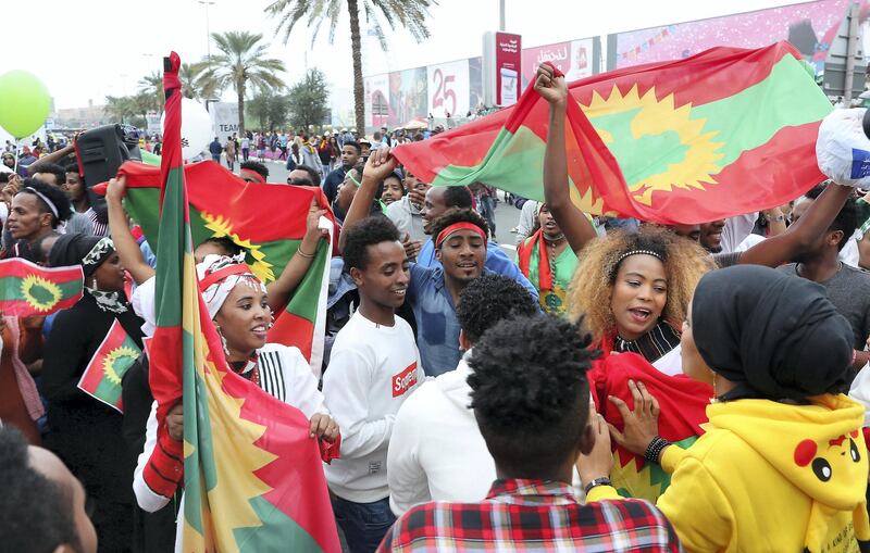 DUBAI, UNITED ARAB EMIRATES , Jan 24  – 2020 :- Ethiopian supporters celebrating after the Standard Chartered Dubai Marathon 2020 held on the Umm Suqeim Road in Dubai. ( Pawan  Singh / The National ) For News/Online/Instagram.
