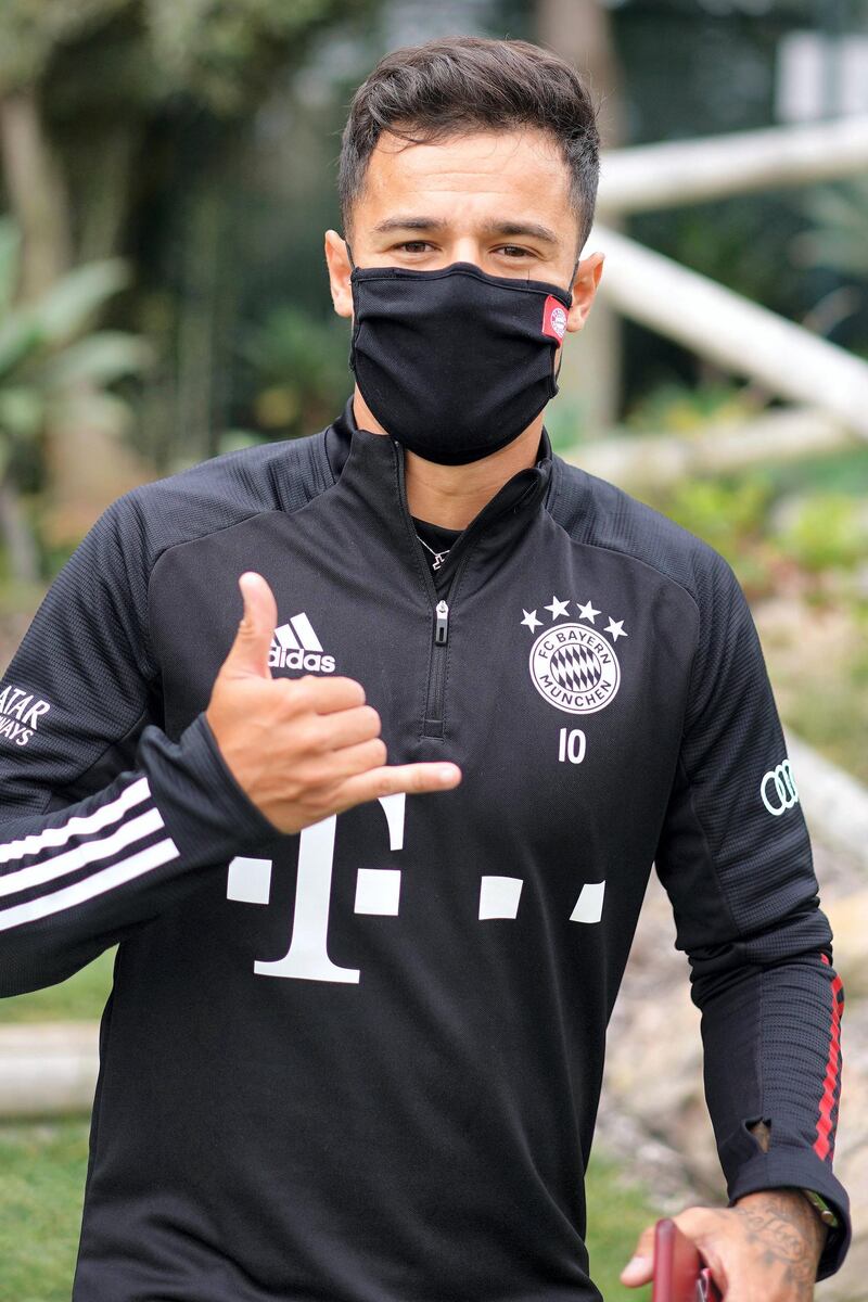LAGOS, PORTUGAL - AUGUST 12: Philippe Coutinho of Bayern Munich gestures whilst wearing a protective face mask during a training session on August 12, 2020 in Lagos, Portugal. (Photo by M. Donato/FC Bayern via Getty Images)