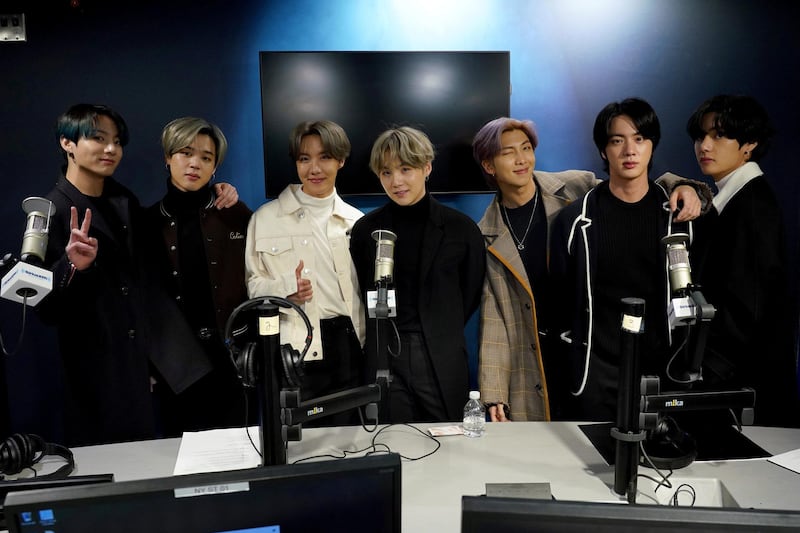 NEW YORK, NEW YORK - FEBRUARY 21: K-pop boy band BTS visit the SiriusXM Studios on February 21, 2020 in New York City.   Cindy Ord/Getty Images for SiriusXM/AFP