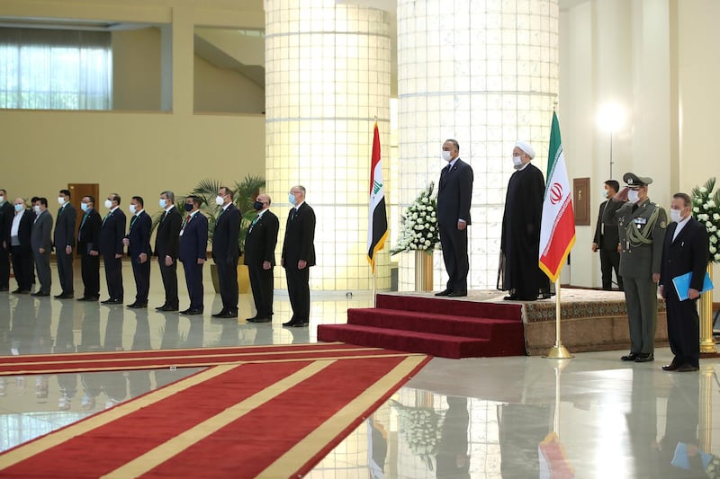 Iranian President Hassan Rouhani welcomes the Iraqi Prime Minister, Mustafa Al Kadhimi, in Tehran, Iran.  Reuters